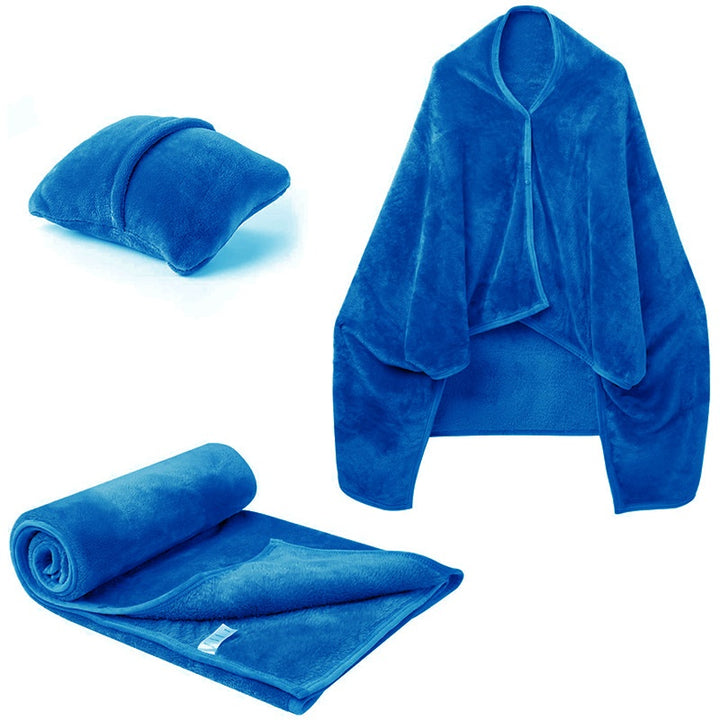 Blue fleece blanket shawl folded into cushion