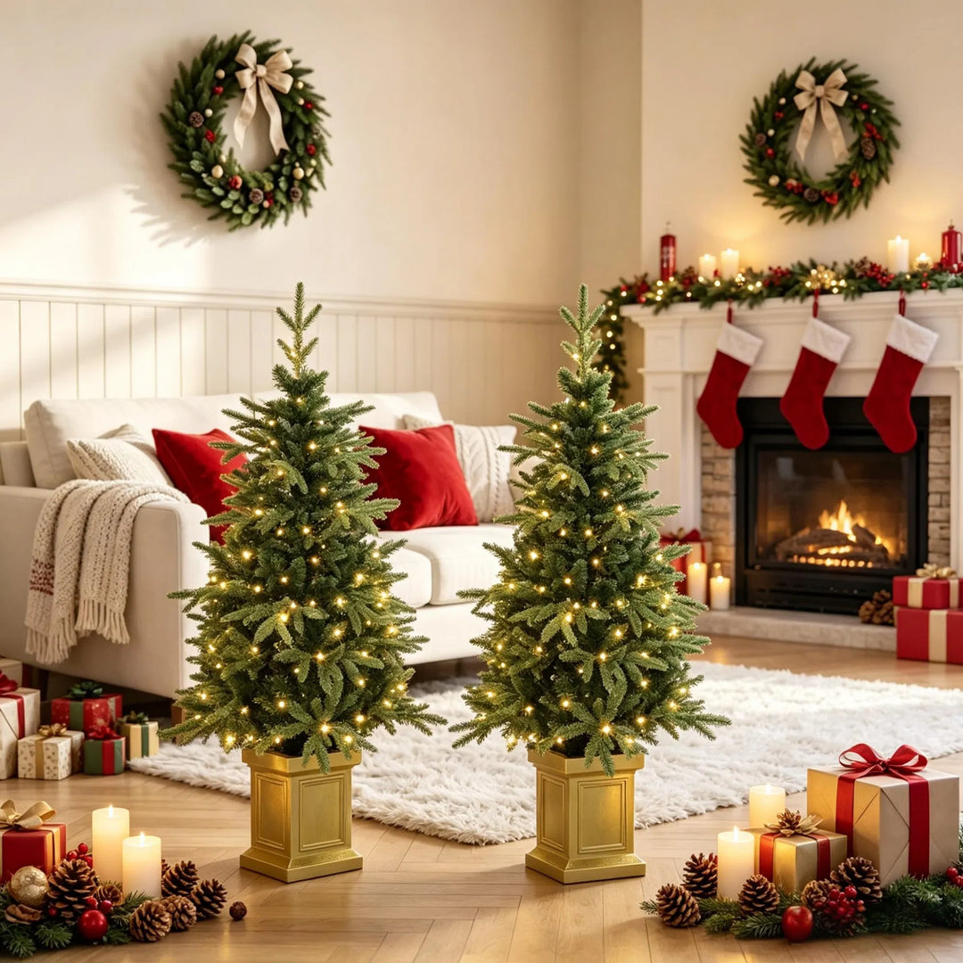 Two potted fir trees in gold pots