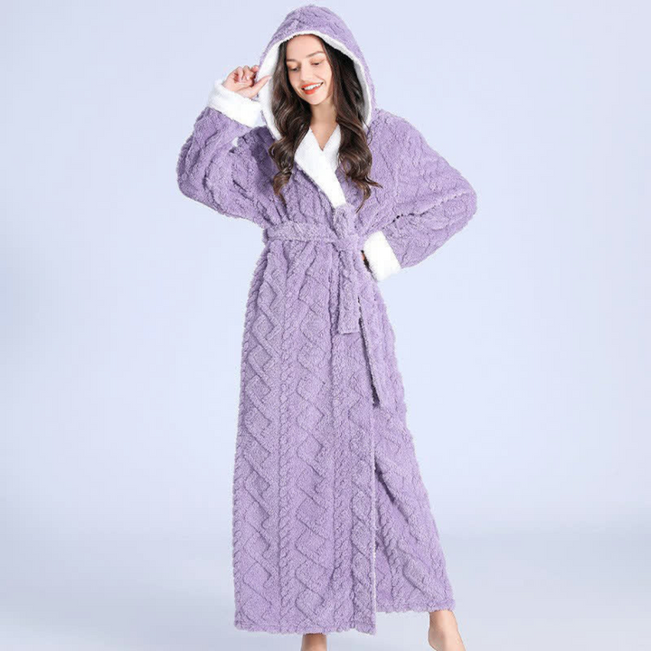 Cosycombe™ Long Plush Knitted Hooded Dressing Gown with Patch Pockets