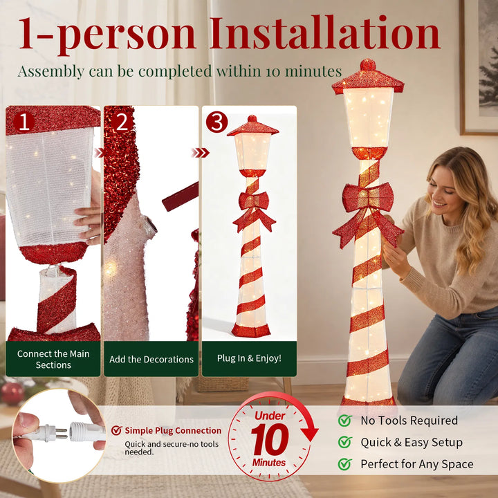 Candy cane striped Christmas lamp post glowing