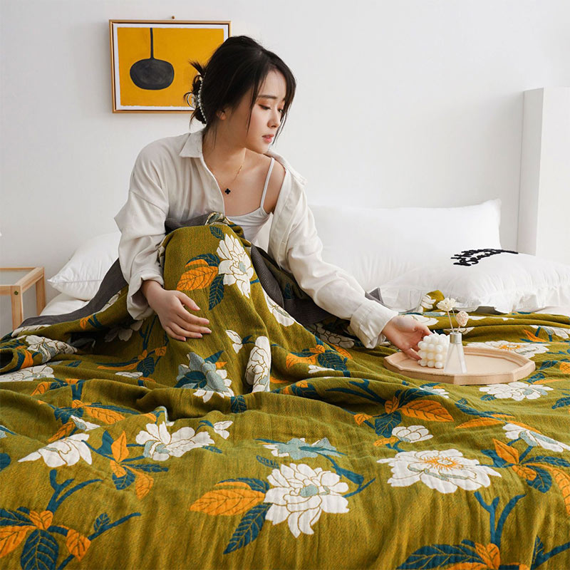 Cosycombe™ Double-Sided Boho Cotton Quilt with Olive Floral Print