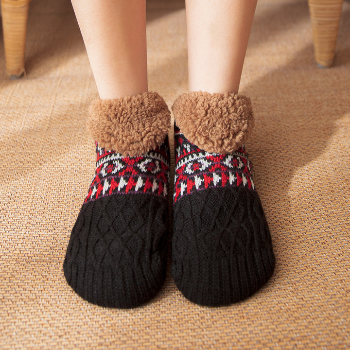 Knitted slipper socks with fleece cuff