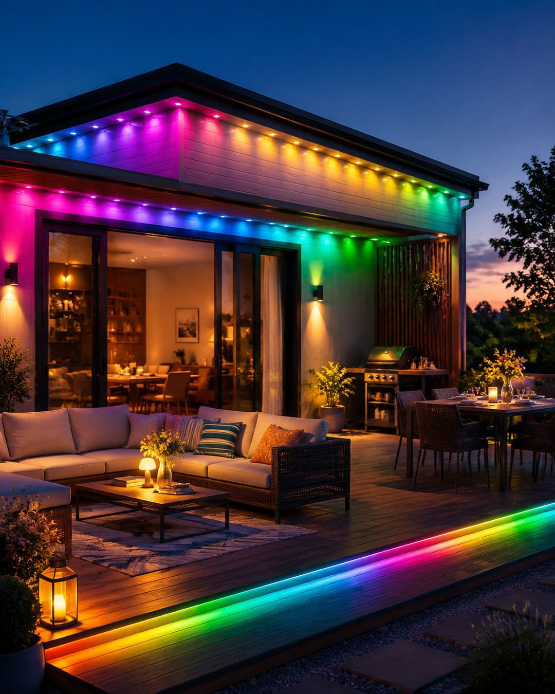 House eaves lit with permanent RGB lights