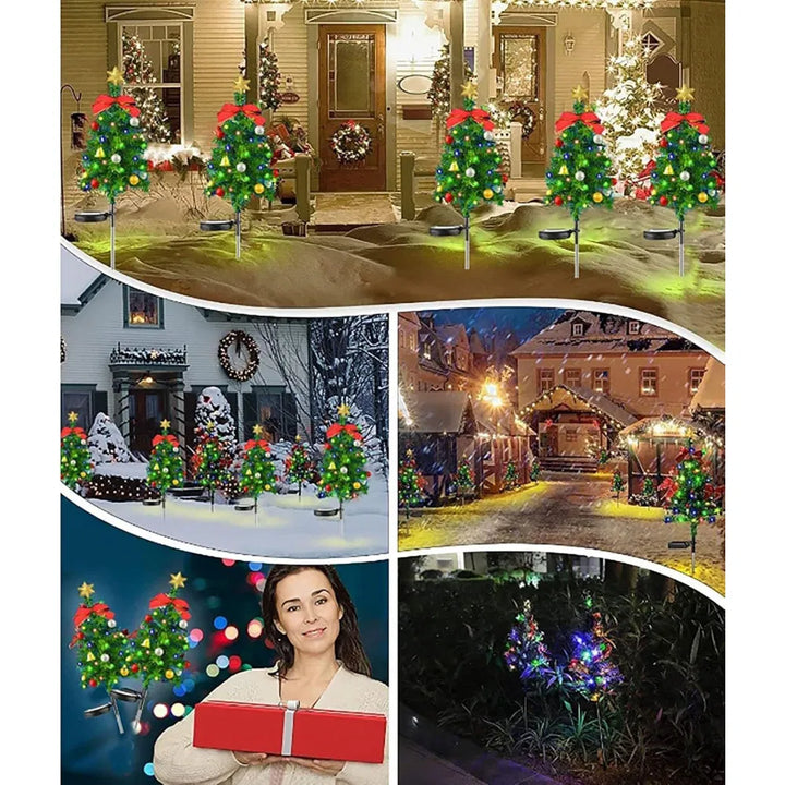 Solar Christmas tree stake lights in garden