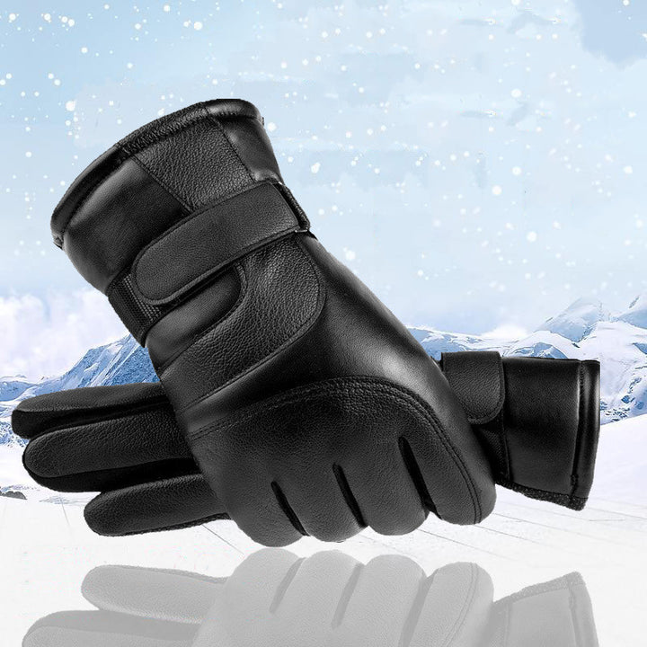 Black faux leather winter gloves with plush lining