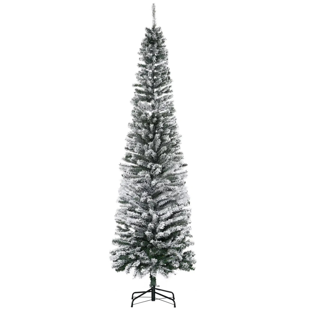 Tall slim snow-flocked tree, unlit