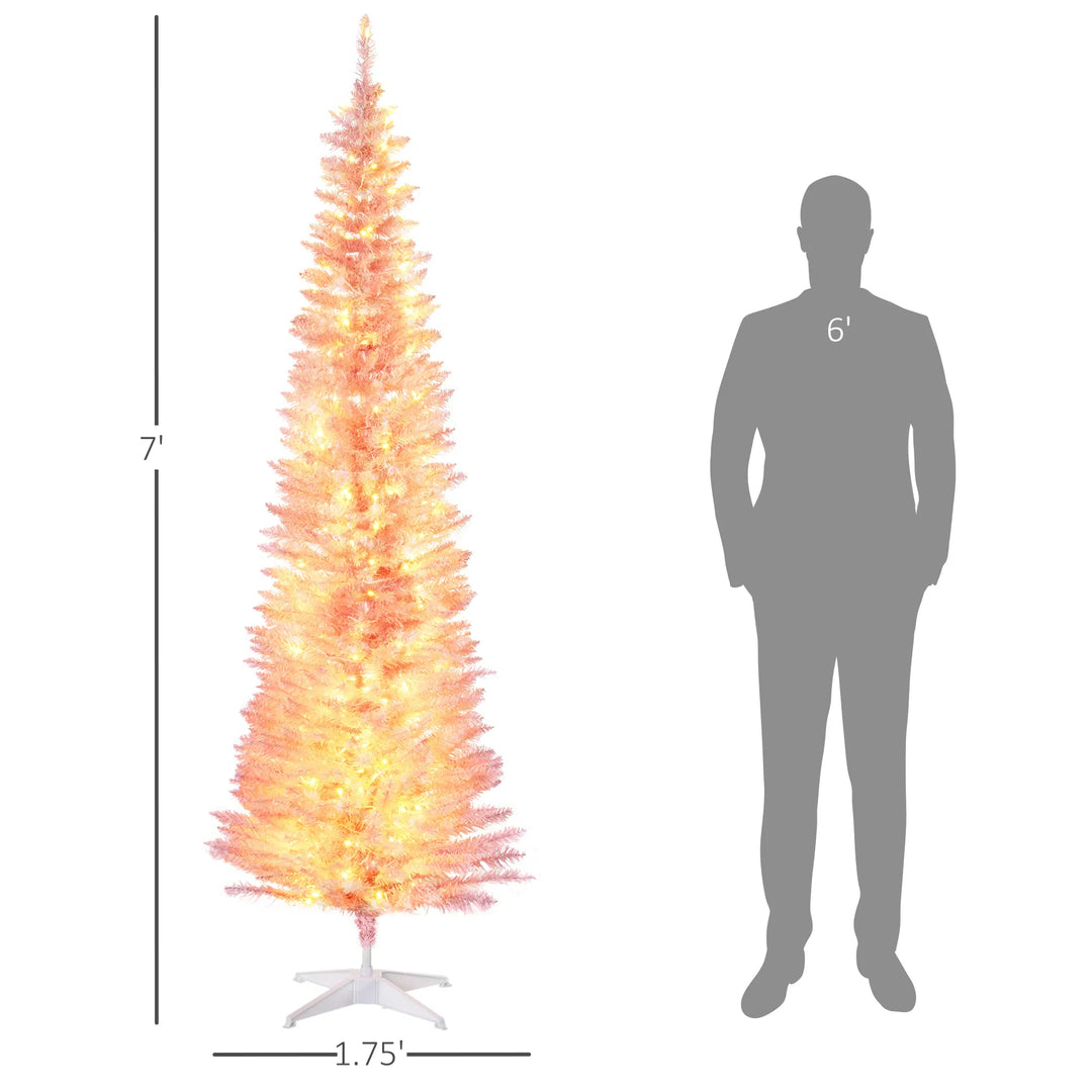 Tall pink pencil tree with warm lights