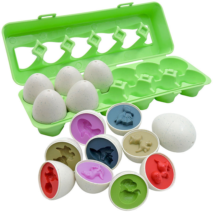 Twelve colourful matching eggs in carton