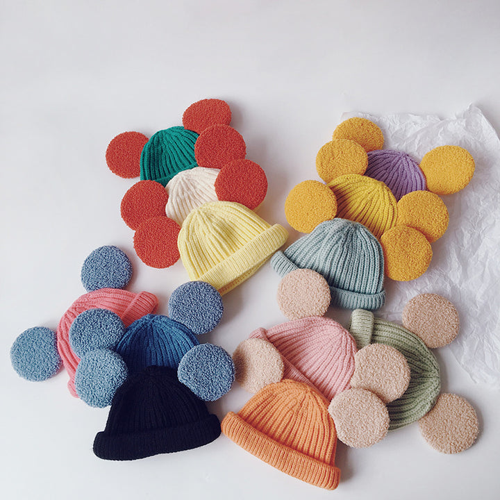 Kids pink ribbed beanie with teddy ears