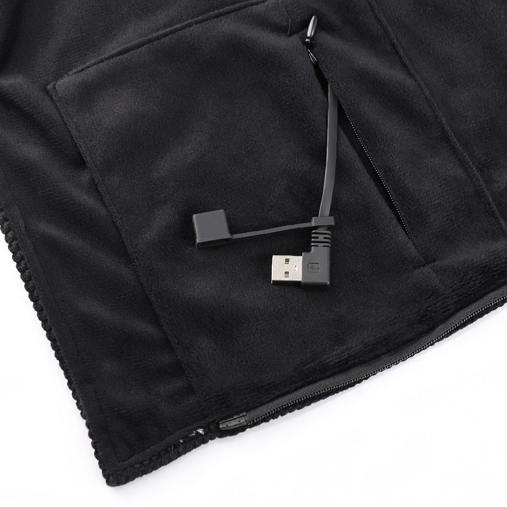 Black heated hooded shawl with zip front