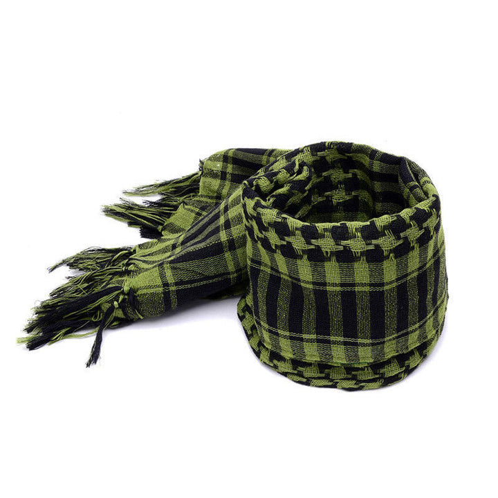 Shemagh scarf wrapped around neck and face