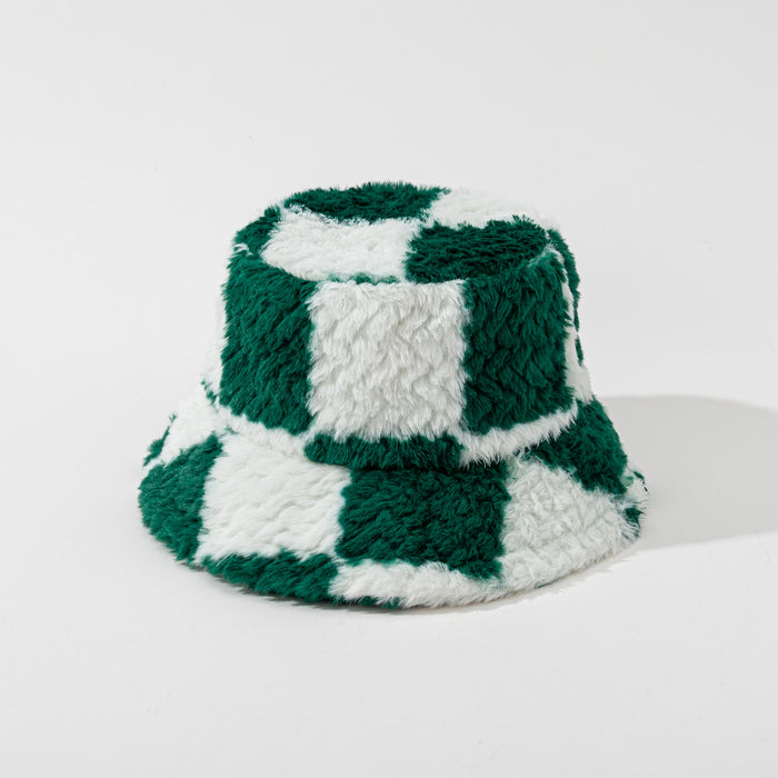 Cosycombe Checkerboard Plush Bucket Hat in Teddy Fleece