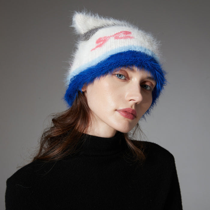 Cosycombe Shaggy Cat Ear Beanie with Bow Pattern