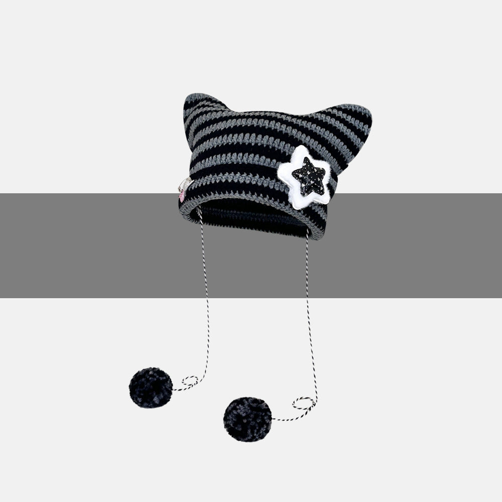 Striped cat ear beanie with pompom ties