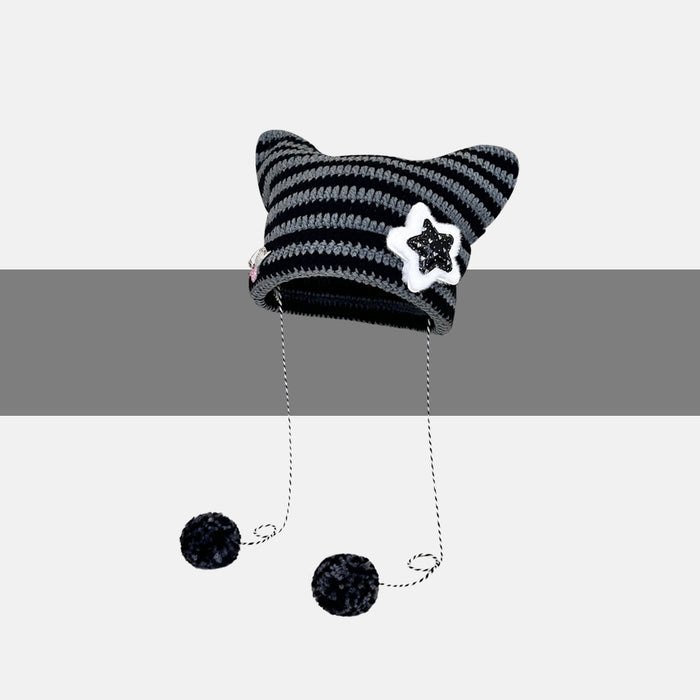 Cosycombe Striped Cat Ear Beanie with Star or Pompoms