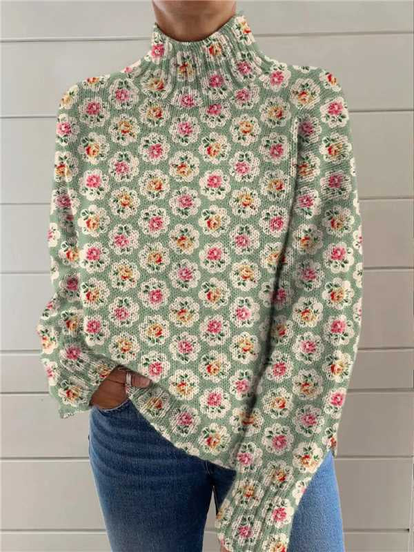 Cosycombe Loose Printed Turtleneck Jumper for Women