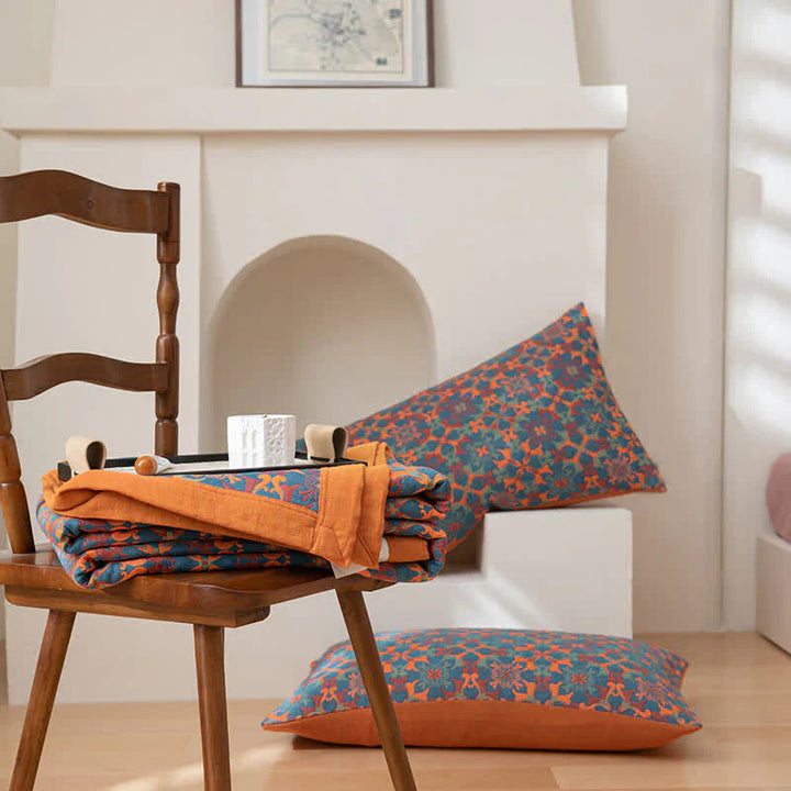 Cosycombe™ Six-Layer Cotton Blanket with Orange and Blue Pattern