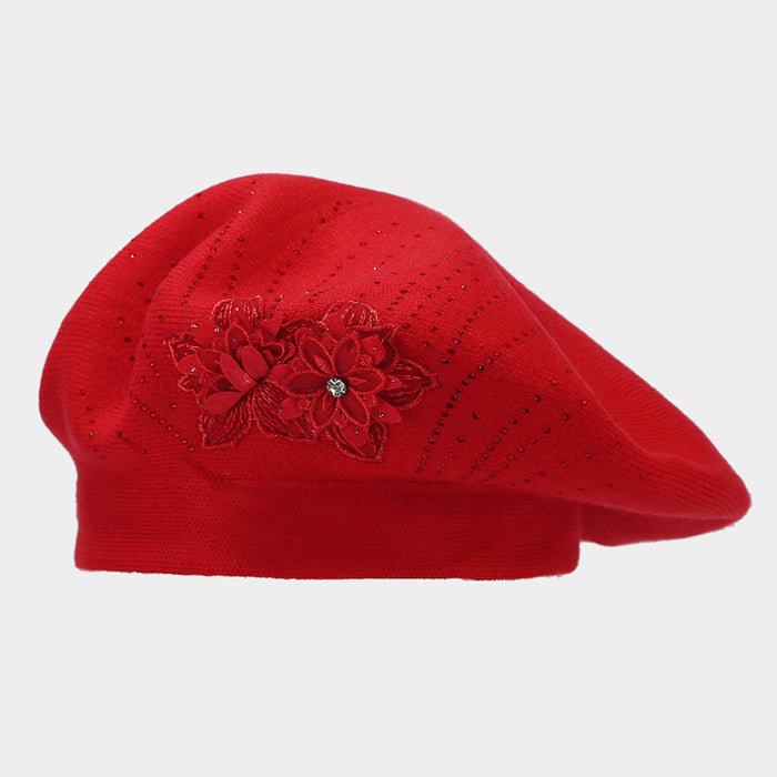 Cosycombe Knit Beret with 3D Flower and Rhinestones