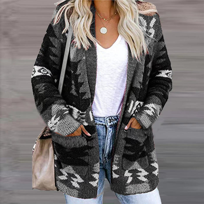 Cosycombe Open Front Knitted Cardigan with Pockets and Geometric Print