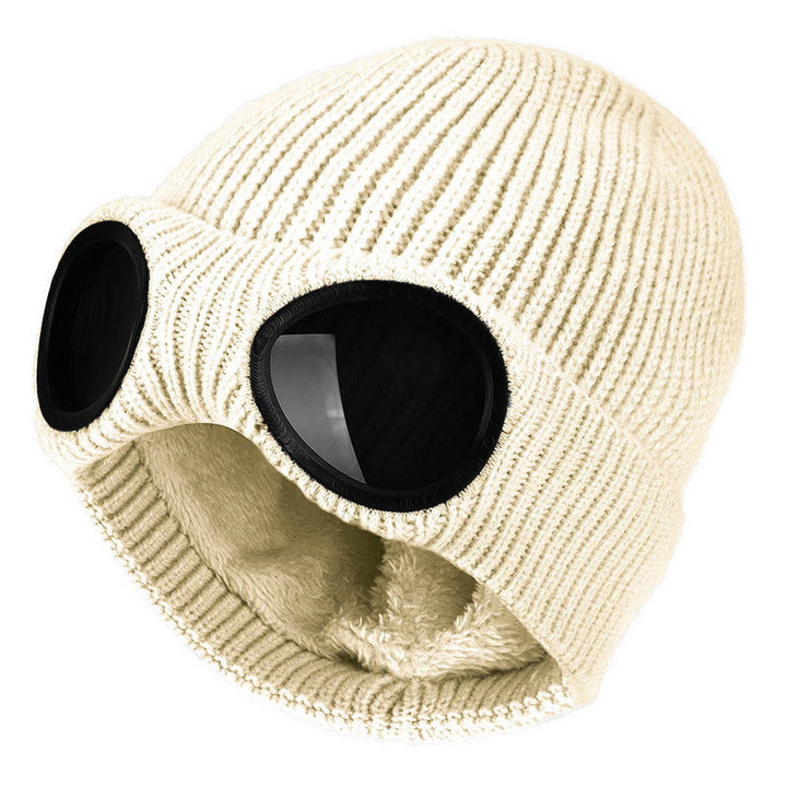 Knit beanie with flip-up goggles on the front