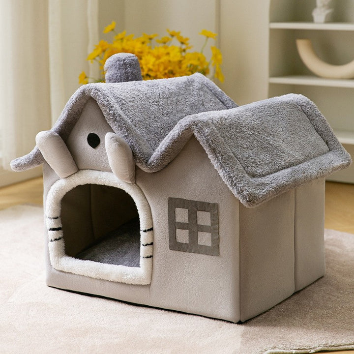 Plush enclosed cat house with cushion