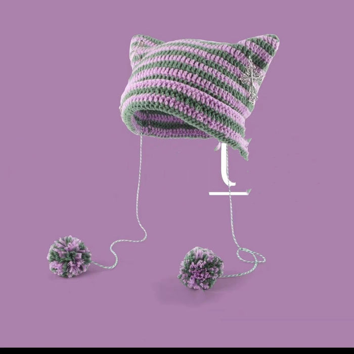 Cosycombe Striped Cat Ear Beanie with Star or Pompoms