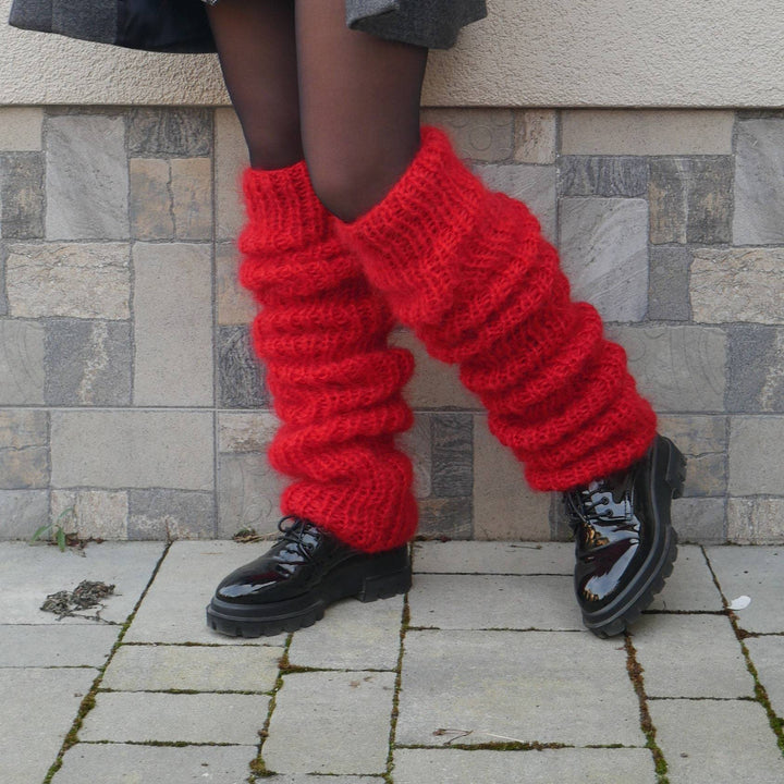 Chunky slouchy knitted leg warmers over boots