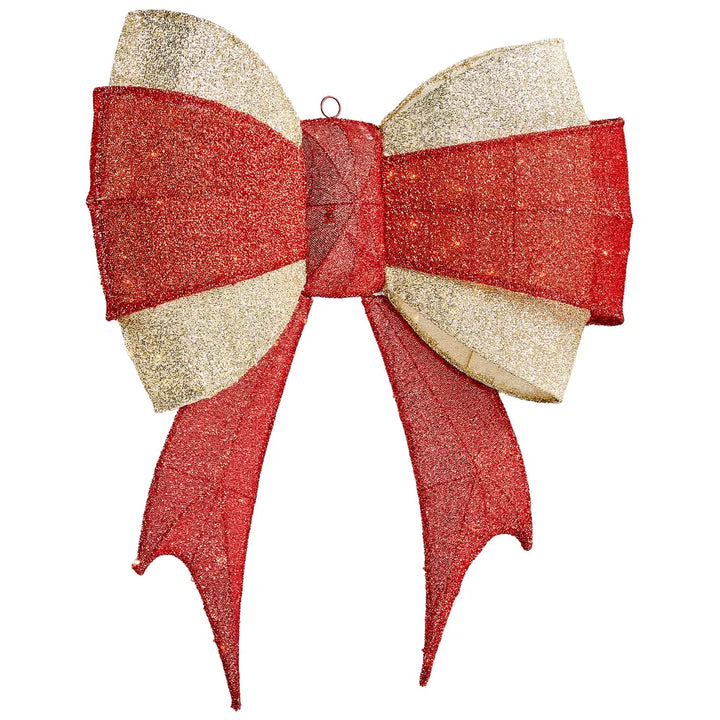 Large lit red and gold Christmas bow