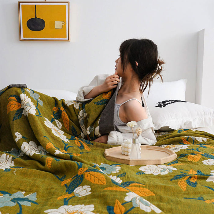 Cosycombe™ Double-Sided Boho Cotton Quilt with Olive Floral Print