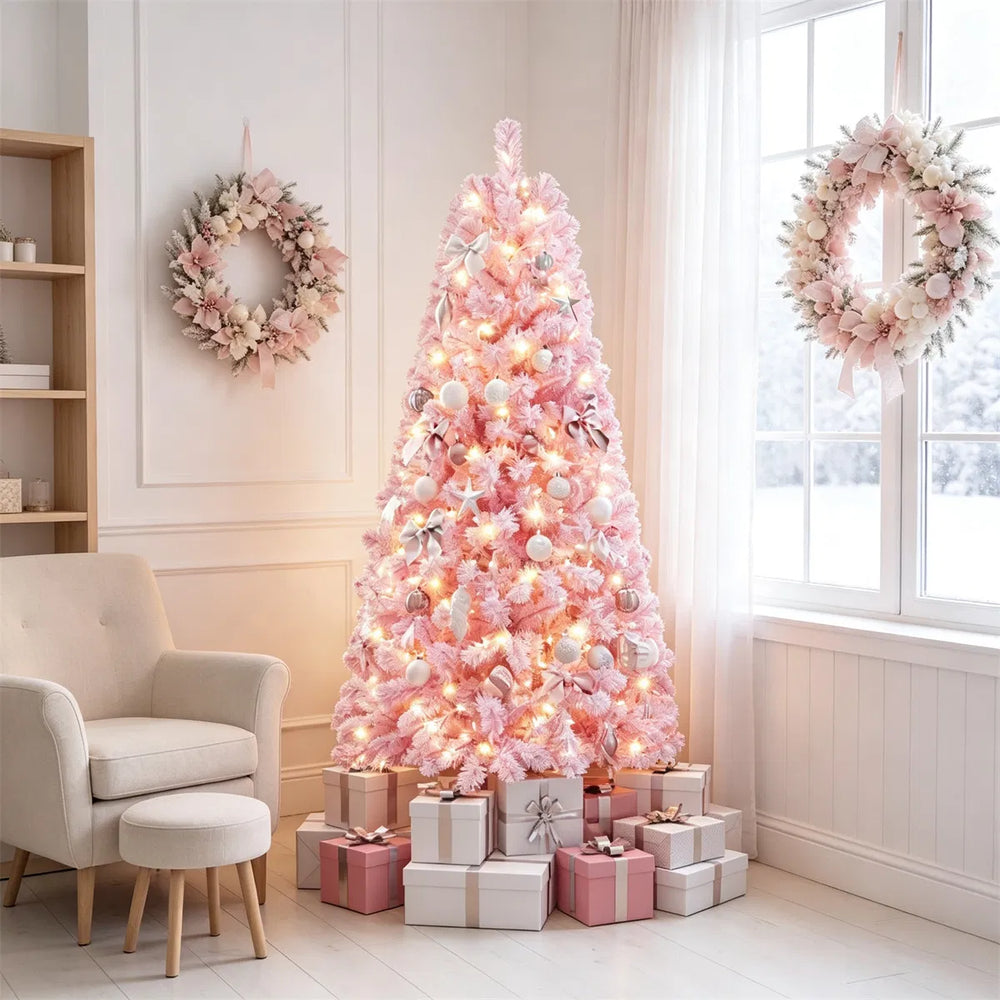 Small pink flocked tree with warm lights