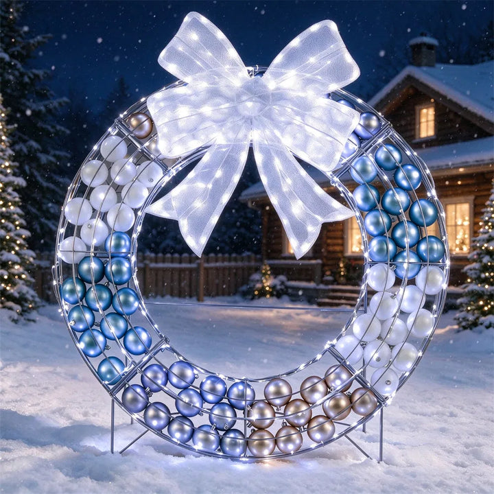 Freestanding lit wreath with baubles