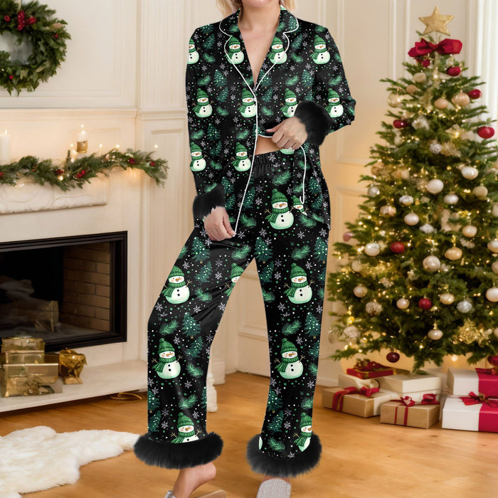 Cosycombe Christmas Print Button Up Pyjama Set with Faux Fur Trim