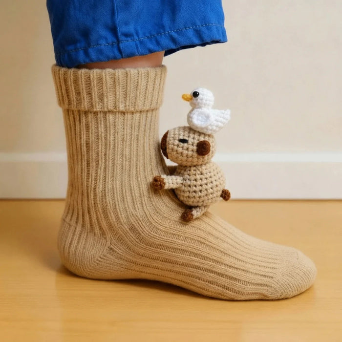Cosycombe Knit Socks with a 3D Crochet Animal Hug