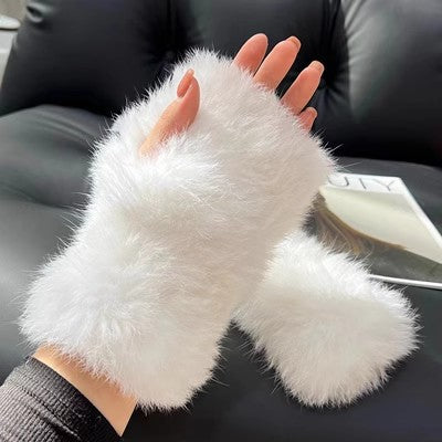 Cosycombe Fluffy Rabbit Fur Fingerless Mittens with Thumb Hole