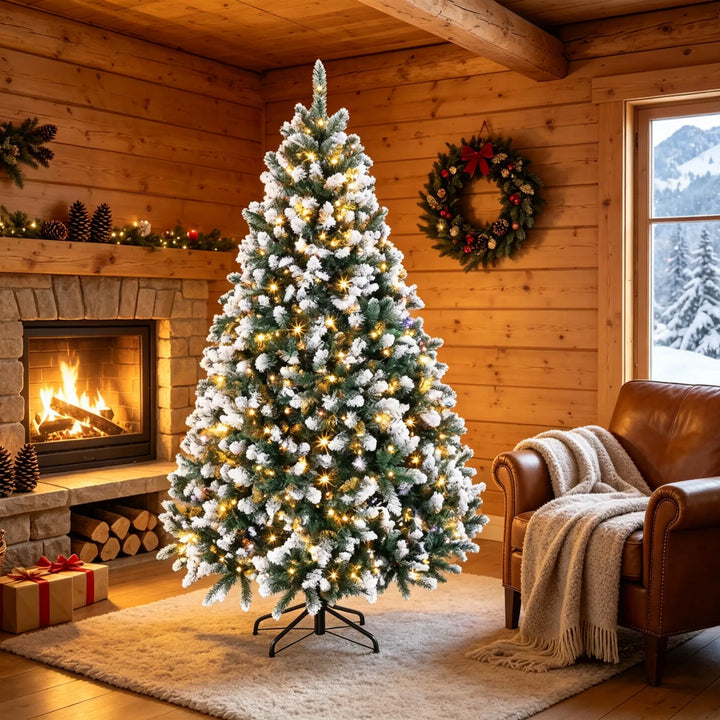 Snow-tipped pre-lit tree with remote