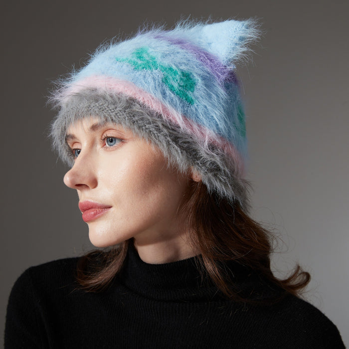 Cosycombe Shaggy Cat Ear Beanie with Bow Pattern