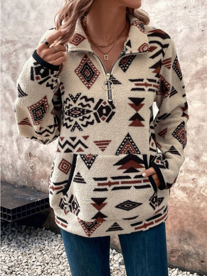 Cosycombe Half Zip Fleece Sweatshirt with Geometric Print