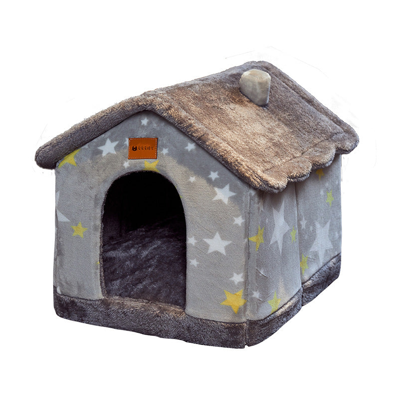 Plush enclosed cat house with cushion