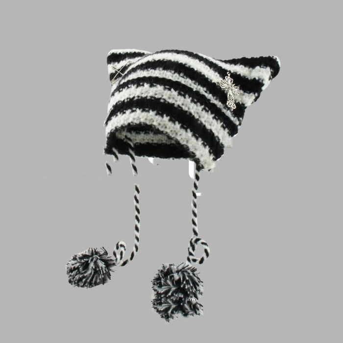 Cosycombe Striped Cat Ear Beanie with Star or Pompoms