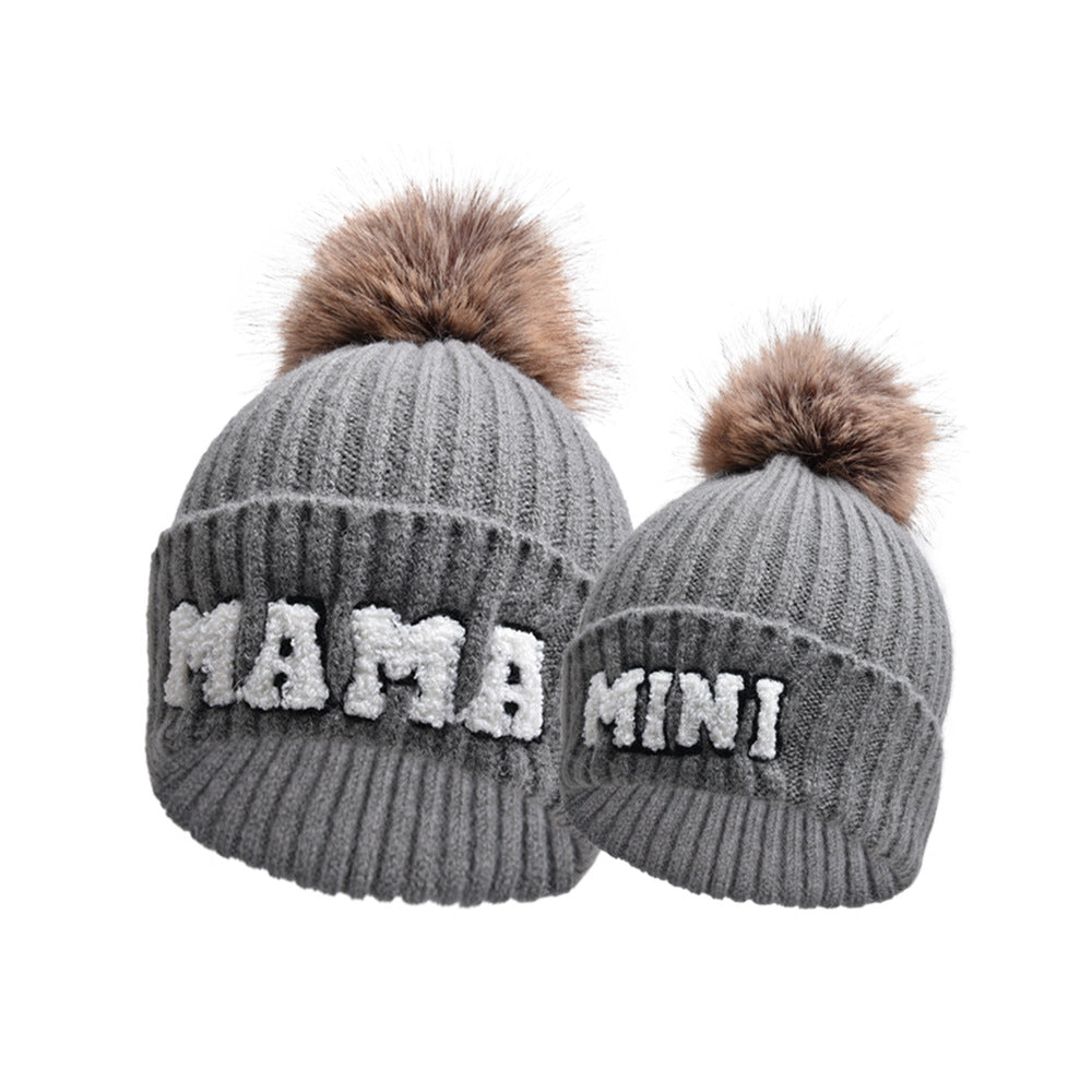 Pink MAMA and MINI beanies with pompoms