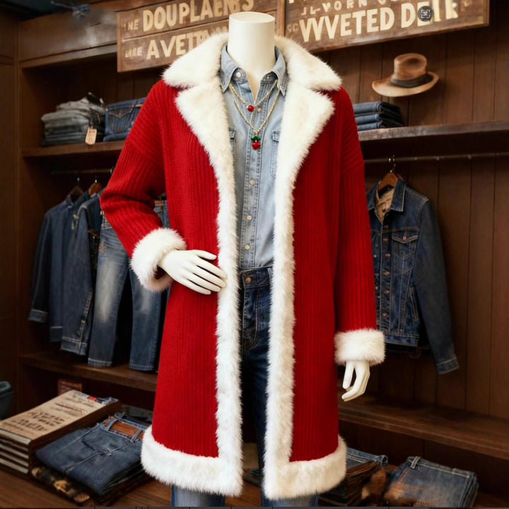 Woman in red coat with white faux-fur trim