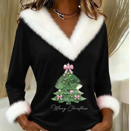Woman in red Christmas print fur trim top