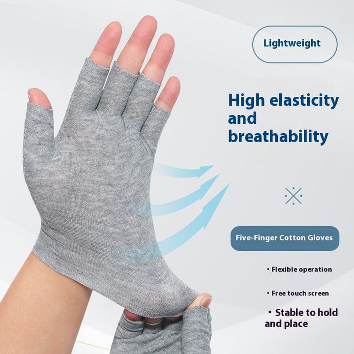 Grey cotton half-finger gloves on hands