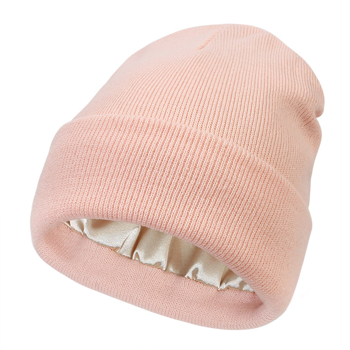 Pink cuffed beanie with satin lining