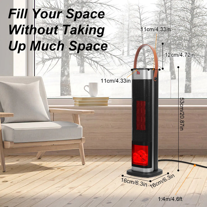 Black tower heater with flame-effect window