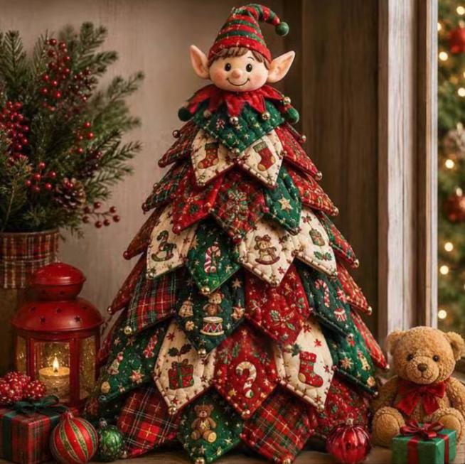 Patchwork fabric Christmas tree with star topper
