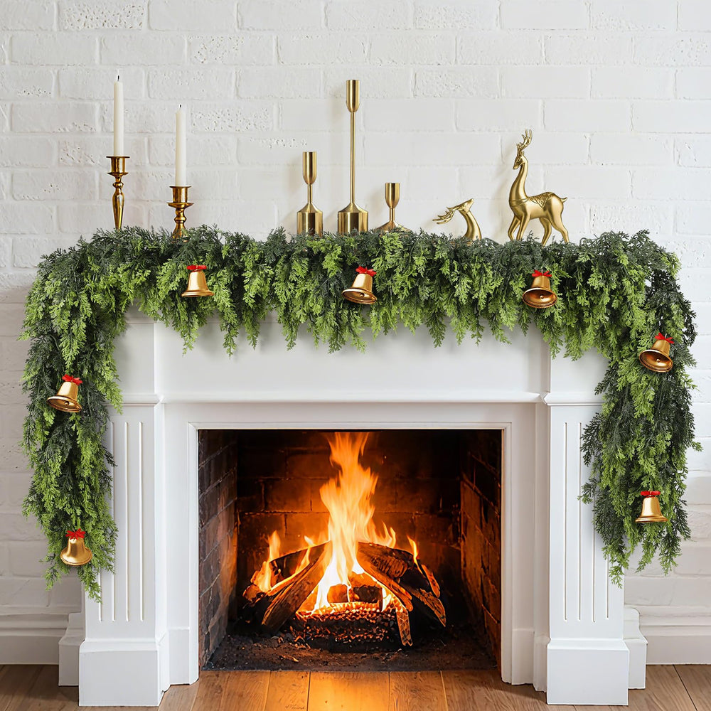 Green Norfolk pine garland on a mantelpiece