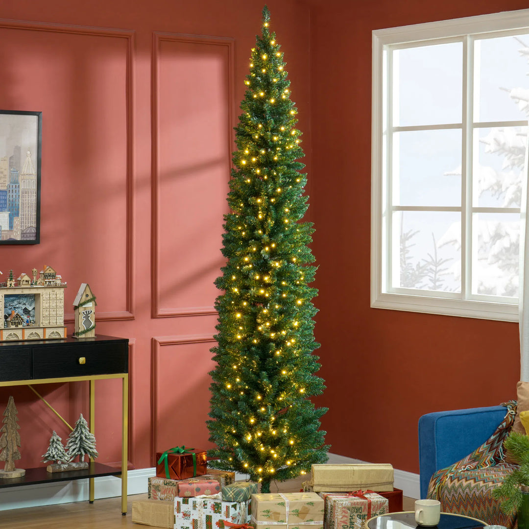 Tall green pencil tree with warm lights