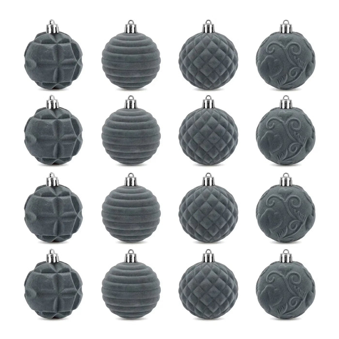 Cosycombe Grey Velvet Christmas Baubles, Shatterproof Set of 12