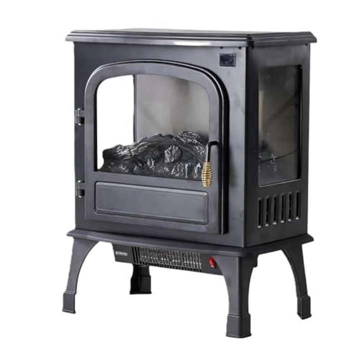 black electric stove fireplace with glass doors and flames